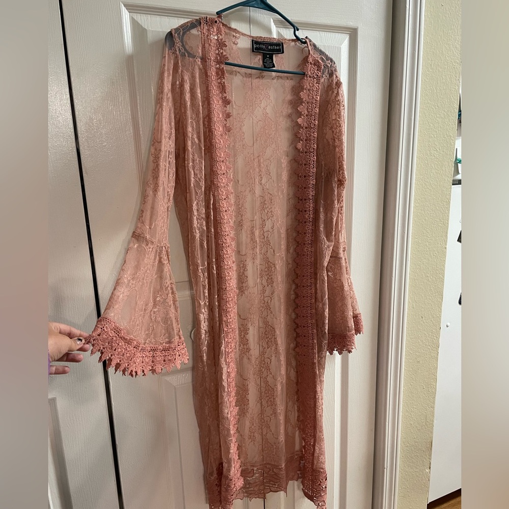 Pretty Mauve Polly & Esther Sweater Shawl Cardigan. See through Rose Lace Size M